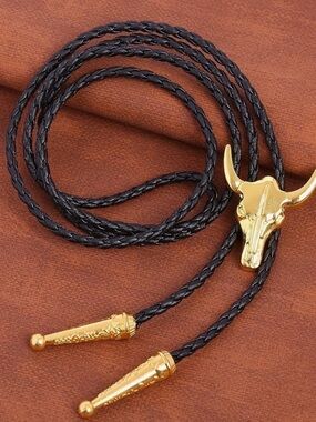 Amazon Black Braided Leather Bolo Tie with Gold Bull Skull